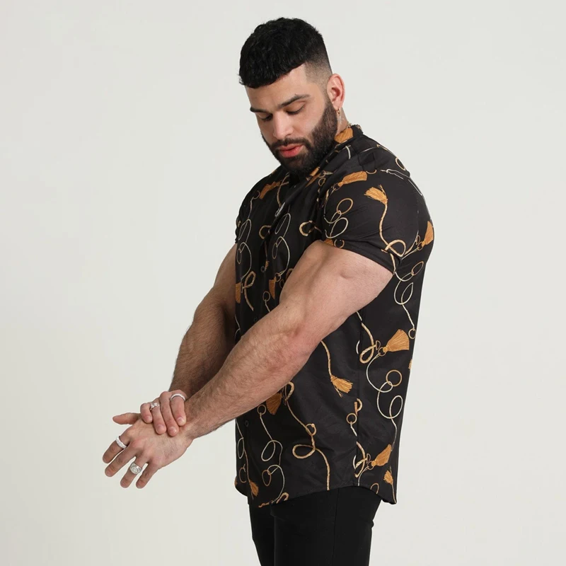 2022 summer hot selling European and American style men's short-sleeved cardigan fashion printing casual shirt