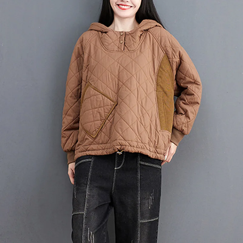 

2022 New Plus Size Pullover Plus Cotton Quilted Parkas Female Casual Loose One Piece Hooded Sweatshirt Thick Warm Coat Jacket