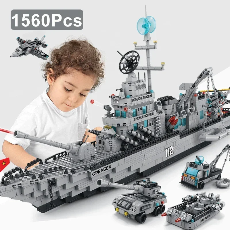 

1560pcs Military 6IN1 Guided Missile Destroyer Liaoning Aircraft Carrier Model Building Blocks WW2 Battle Cruiser Bricks Kid Toy