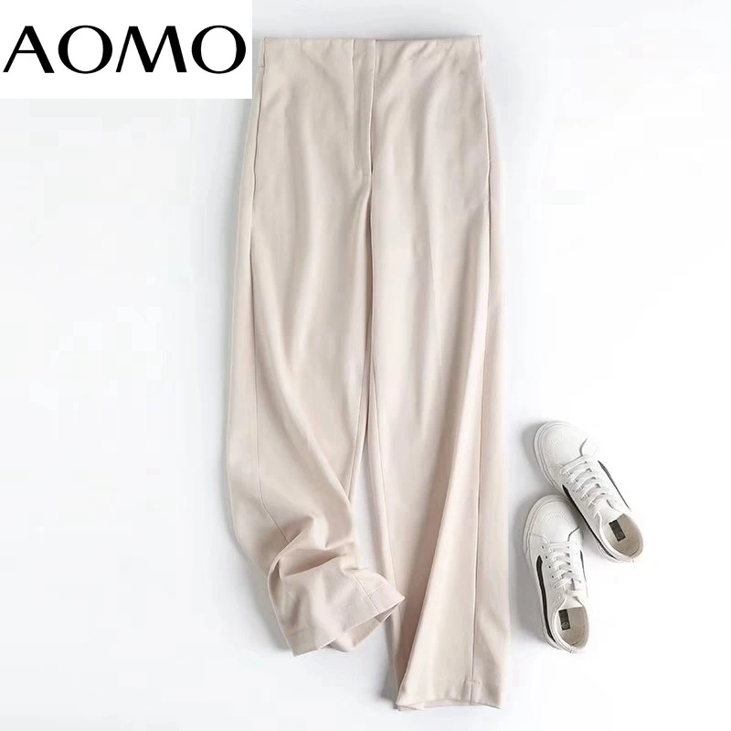 

AOMO 2021 Fashion Women Beige Thick Winter Suit Pants Trousers Pockets Office Lady Elegant Pants Pantalon 4C231A