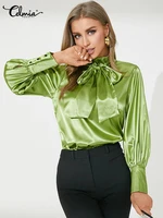 celmia 2022 fashion women bow tie blouses spring casual tops elegant satin lantern sleeve office lady shirts blusas femininas