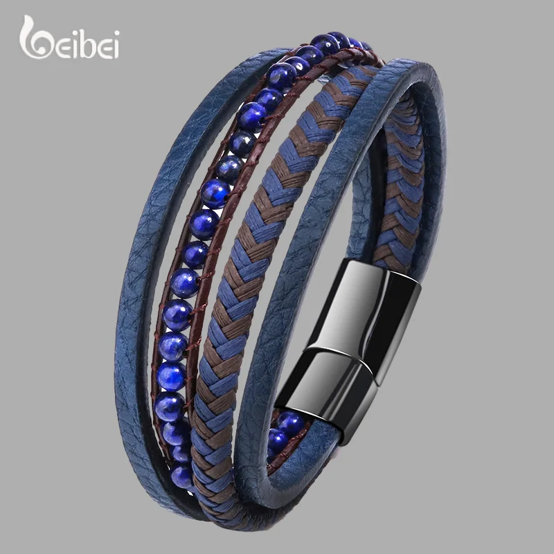 

Glamour Men's Fashion Classic Business Casual Handmade Creative Design Glossy Metal Multilayer Leather Bracelet