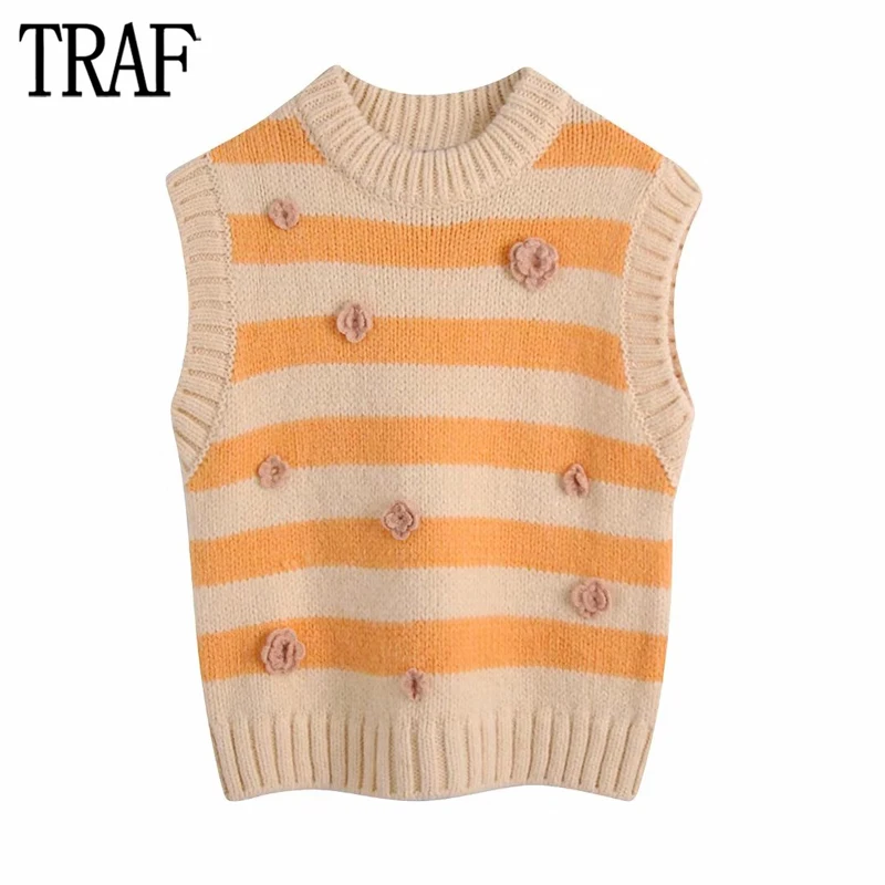 

TRAF Floral Women Vest Orange Striped Cropped Sweater Vest Women Pullover Knit Sleeveless Vest Woman Winter Ribbed Vests Women