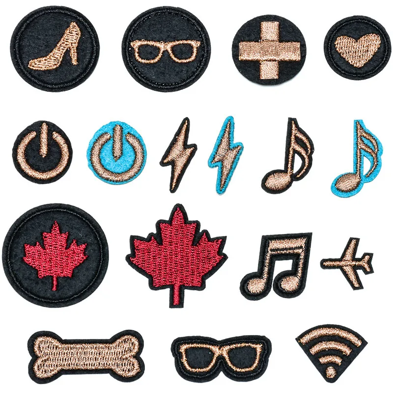 

5pcs Lightning Note Heels Embroidered Patch Glasses Maple Leaf Bone Adhesive Ironing Cloth Sticker Clothing Shoes Hat Bag Decor