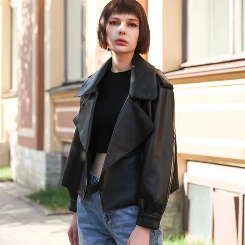 2023 New Fashion Women Autumn Winter Motorcycle Faux Leather Jackets Lady Long Sleeve Biker White PU Punk Streetwear Black Coats