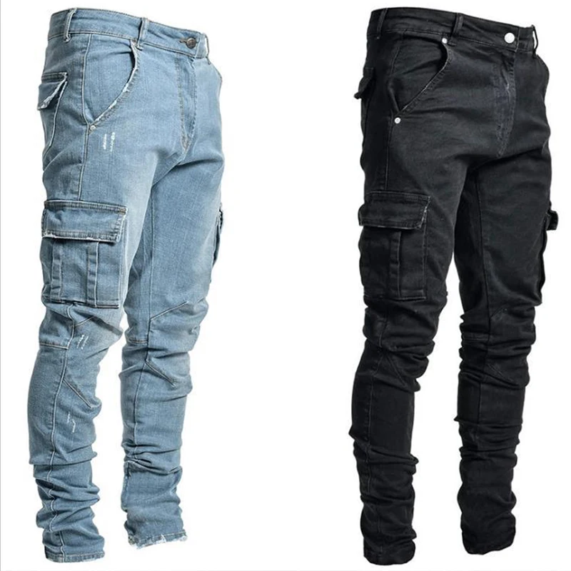 Multi Pockets Streetwear Male Jean Men Pants Wash Solid Color Mid Waist Cargo Jeans Daily Wear Fahsion Denim Casual Trousers