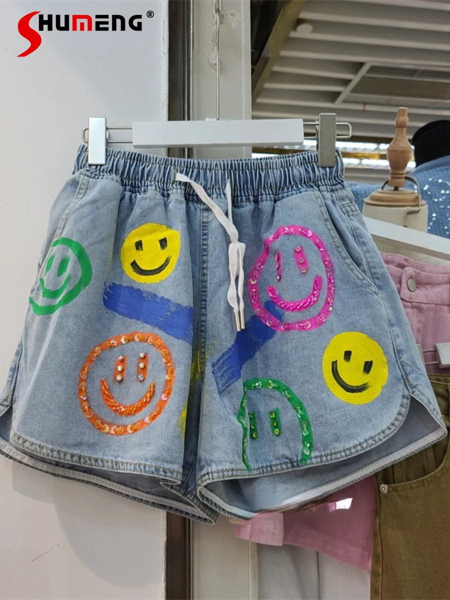 

Heavy Beads Sequined Cartoon Painted Denim Shorts for Women High Waist Slimming Wide-Leg Shorts Jeans 2022 New Summer Clothes