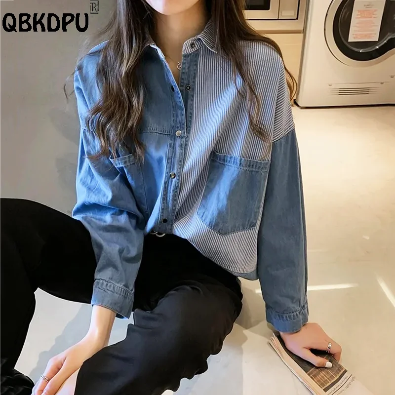 

Casual Stripe Patchwork Denim Shirts Women Basic Polo Collar Spring Jean Blouses Korean Fashion Single-Breasted Cowboy Blusas