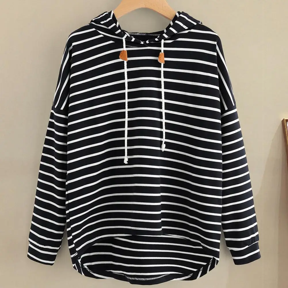 

Lady Knitted Hoodie Stylish Women's Striped Hoodie Irregular Hem Drawstring Casual Loose Fit for Autumn Spring Drawstring Women
