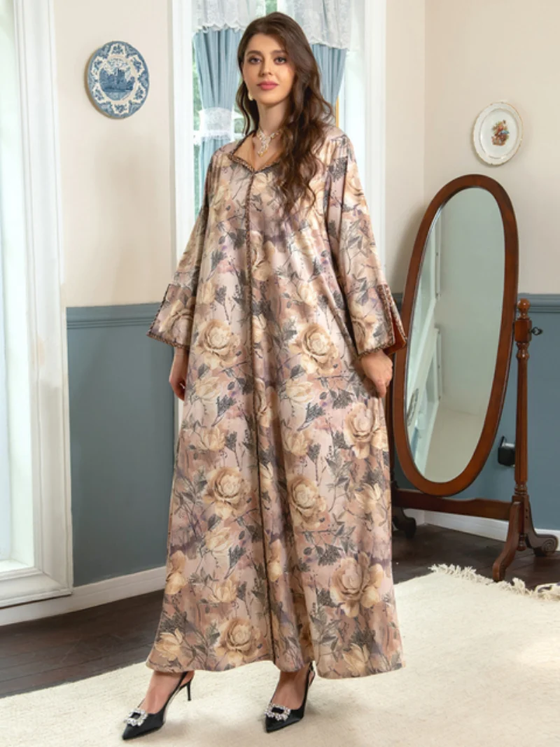 Elegant Casual Party Dress Luxury Diamonds Vintage Floral Print Long Dresses Turn-down Collar Robe Muslim Women Clothing