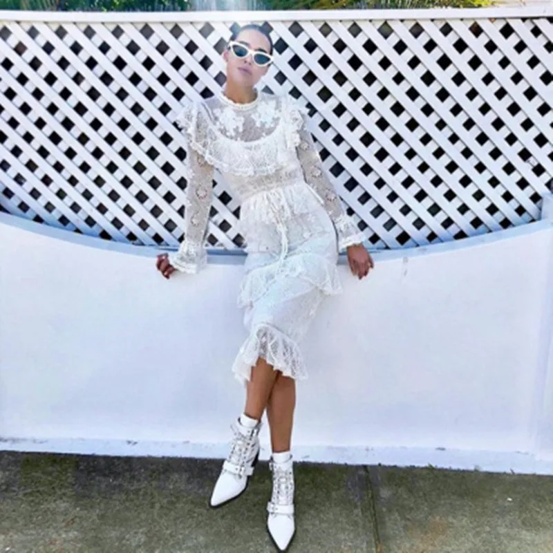 

2023 New Spring Womans Patchwork Lace Embroidery White Dress With Lining Runway Design Women Flare Sleeve Party Long Dresses