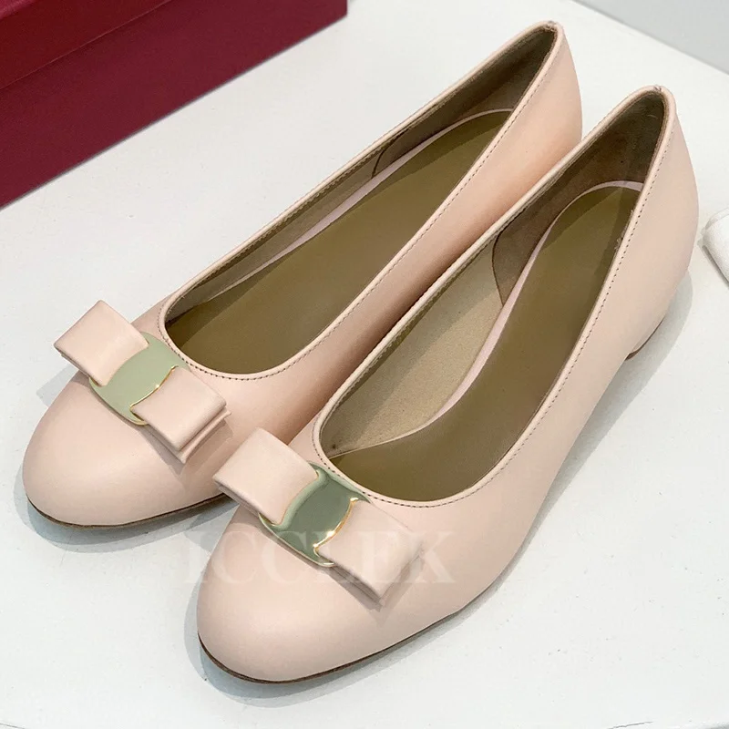 

Summer Women Single Shoes New Butterfly-Knot Design Metal Square Button Decoration High Heels Shallow Banquet Female Pumps