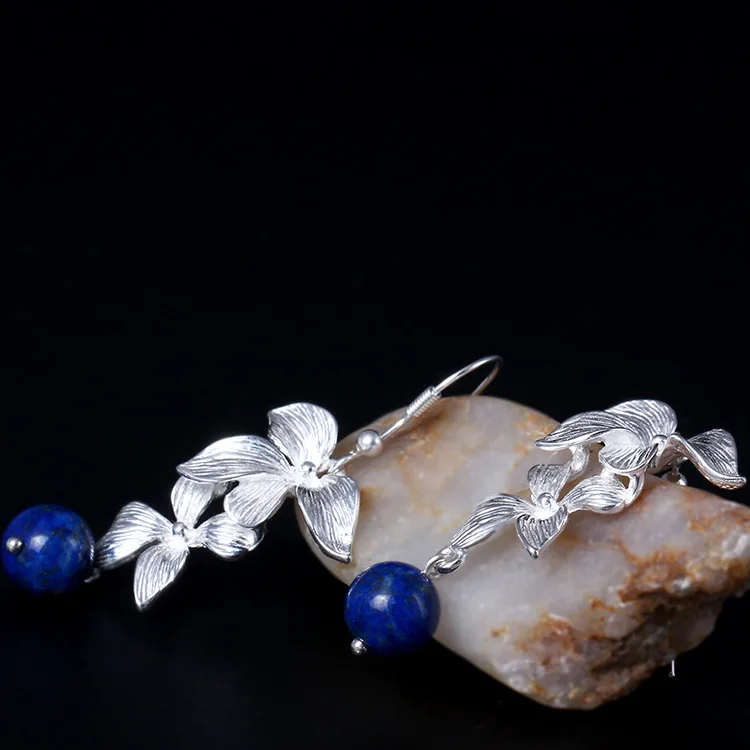 Boucles d'oreilles Lapis en argent Sterling S925 pour femmes, Style rétro chinois, longues pampilles, Style National, bijoux à offrir en cadeau