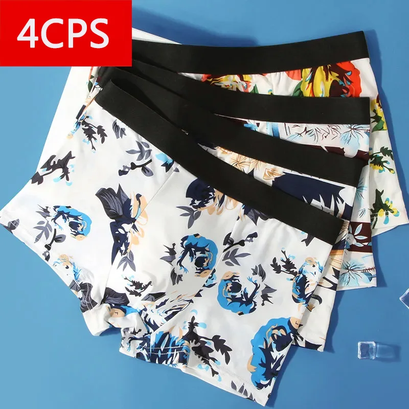 4Pcs/Lot Men's Ice Silk Underwear Graphene Boyshort Antibacterial Cotton Crotch Breathable Comfortable Boxer Shorts New Shorts