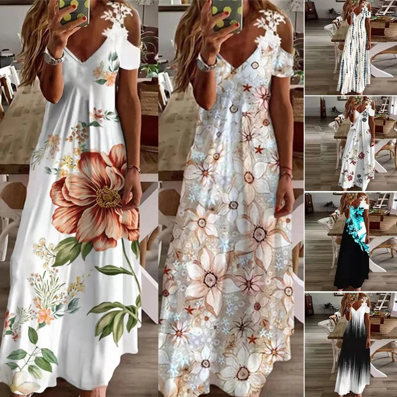 Summer Women New Lace V-neck Fashionable Printing Loose Long Dress