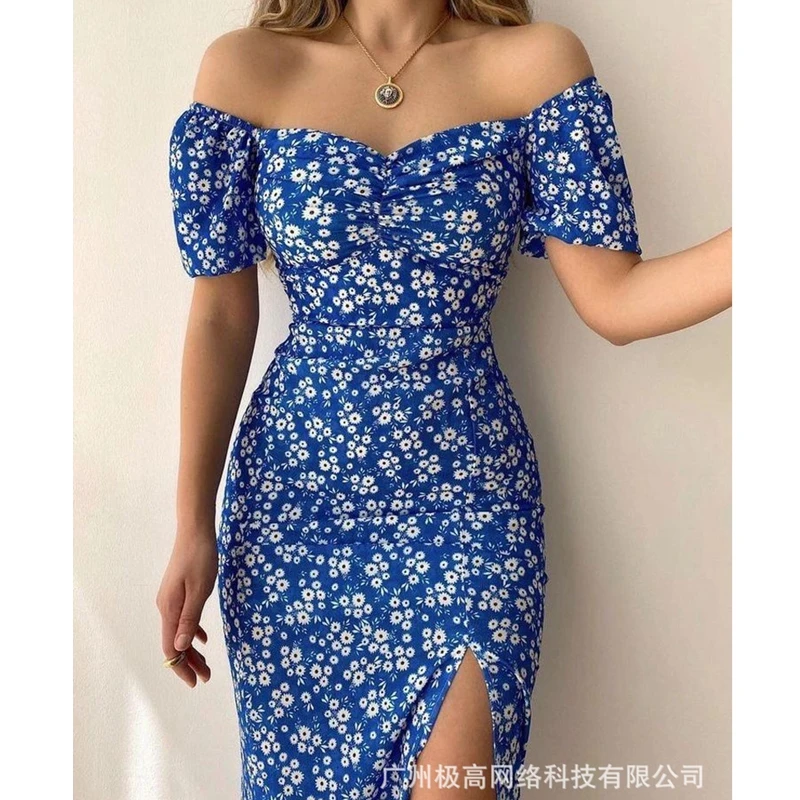 

Women Dress Summer Sexy Slim High Waist Floral Print Dress Women Fashion Short Sleeve Off Shoulder Slash Neck Backless Dress