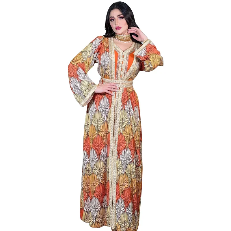 Muslim Fashion Abaya 2023 Summer Spring Muslim Women Long Sleeve V-neck Polyester Orange Long Abaya Muslim Dresses Muslim Sets