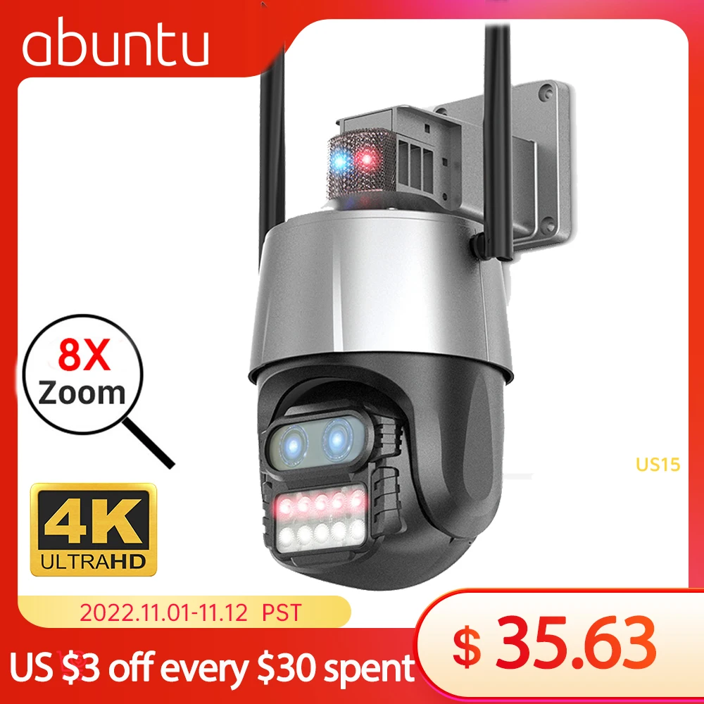 

8MP UD WIFI IP Camera Outdoor 8X ZOOM Video Surveillance Camera Police Light Voice Alarm PTZ Dual Lens 2.8mm-12mm Support Onvif