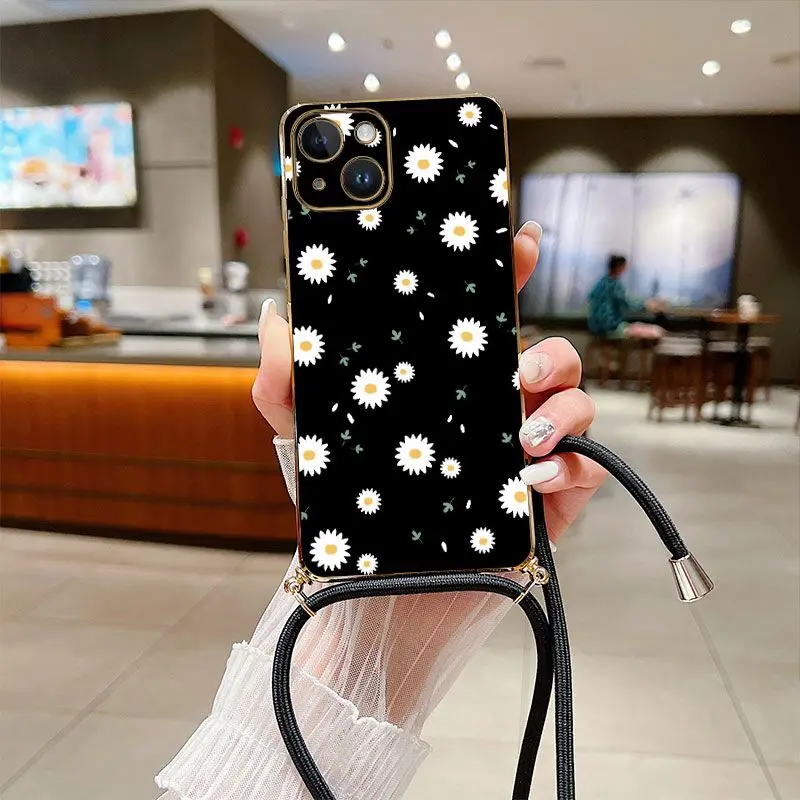 

Daisies Crossbody Lanyard Silicone Phone Case For iPhone 14 13 12 11 Plus Pro Max Mini X XR XS SE2020 8 7 6 6S Plus Cover