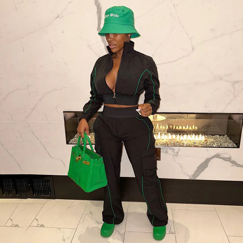 

Solid String Two Piece Pant Set Women Crop Top Jacket 2023 Autumn Casual Female Pocket Straight Pant Luxury 2 Piece Outfit Set