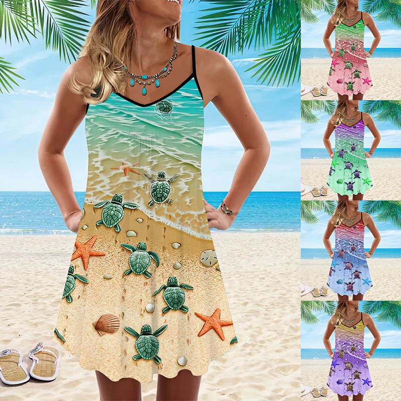 

Женское платье-комбинация без рукавов, свободное пляжное платье большого размера с V-образным вырезом и принтом черепахи, лето 2022