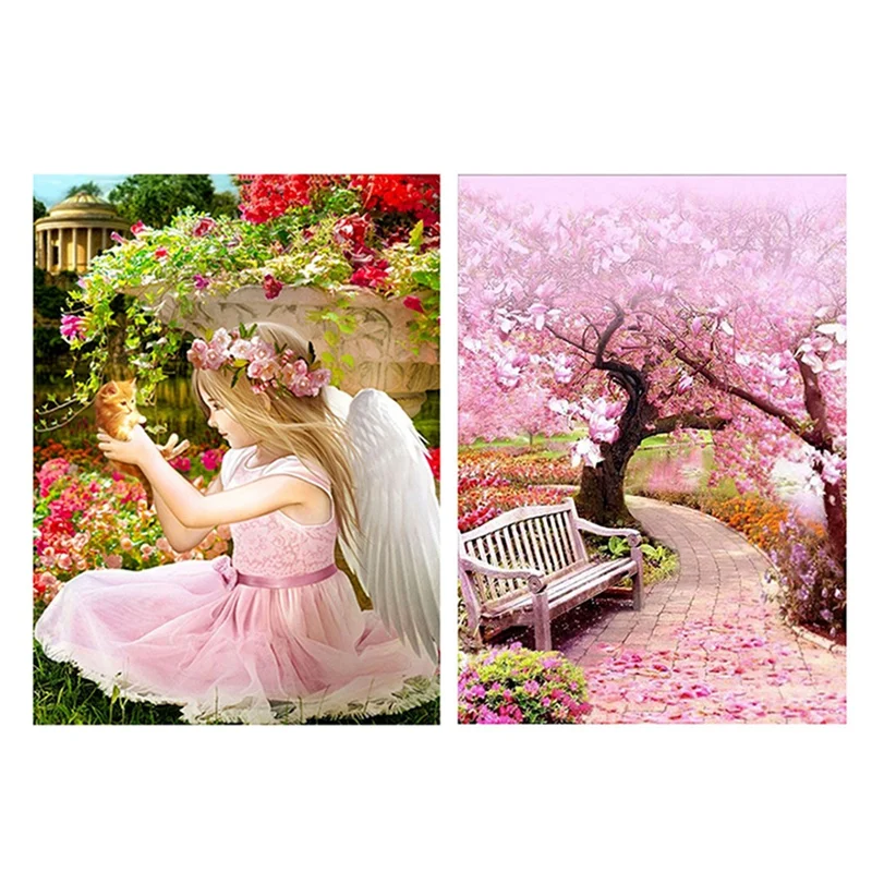 

2 Set Diy Diamond Painting Cross Stitch Square Rhinestones Embroidery Home Art,Angel Cat & Pink Cherry Blossom Scenery