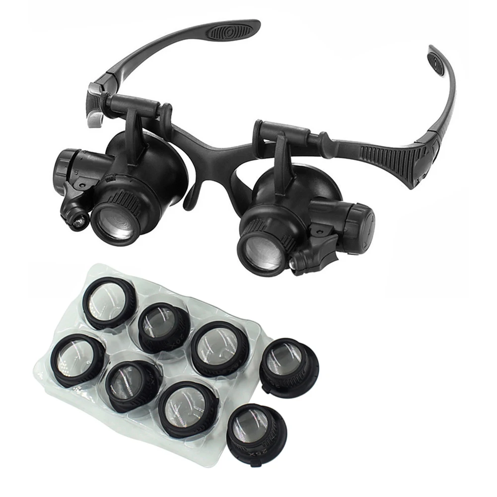 

10X 15X 20X 25X Double Eye Glasses Loupe Head Wearing Magnifier Magnifying Glasses Headset With LED Light Jeweler Watch Repair