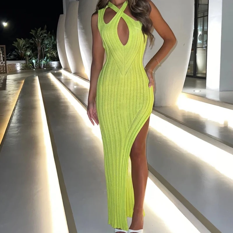 Горячее женское вечернее платье в полоску с лямкой на шее сексуальная сумка