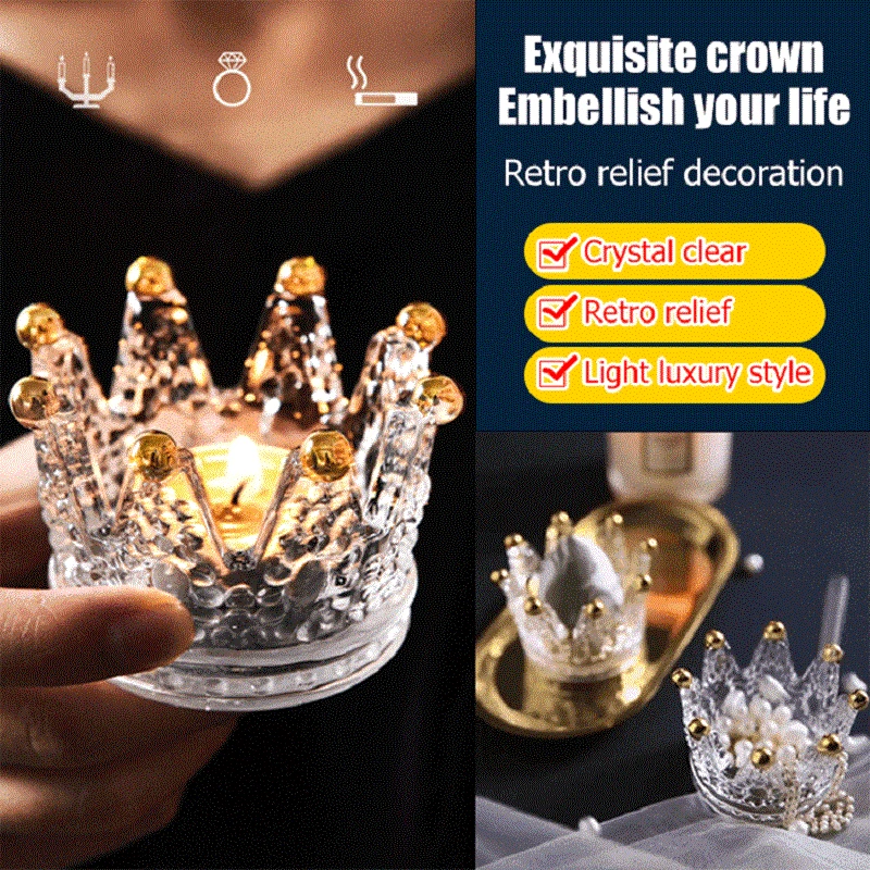 

Crown glass candlestick ornaments creative gold beads personality trend handmade mini necklace box sponge powder puff storage bo