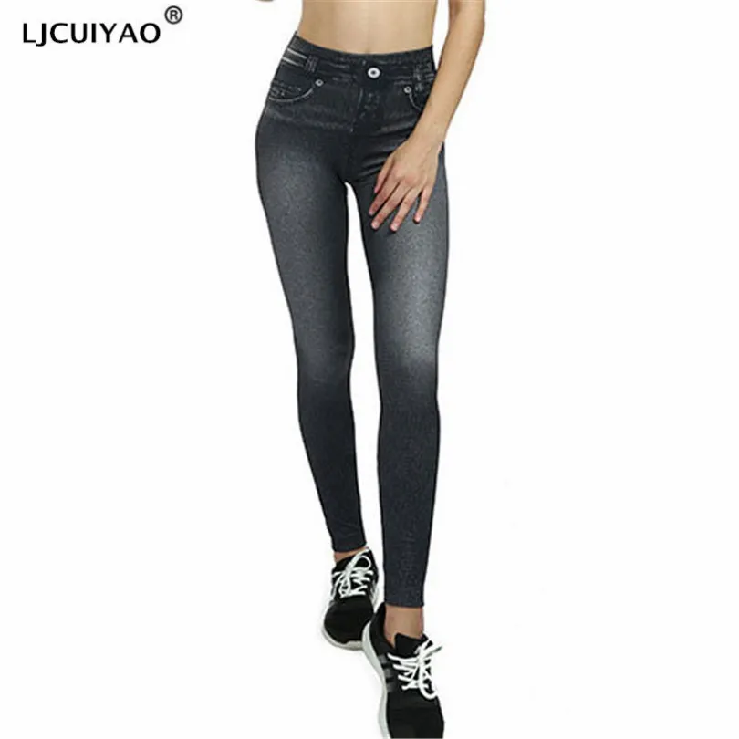 

LJCUIYAO Women Elastic Faux Denim Leggings Pants High Waist Slim Push Up Seamless Casual Yoga Fittness Running Gym Dropshipping