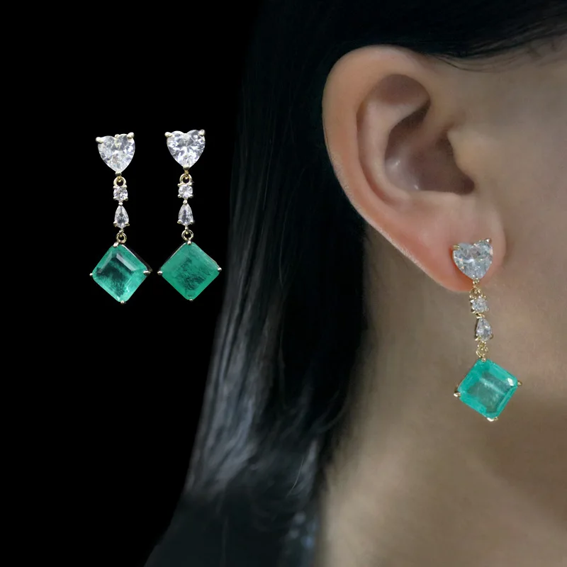 

RAKOL Luxury Long Paraiba Emerald Tourmaline Gemstone Square Dangle Earrings for Women Temperament Fashion Jewelry Party Gifts