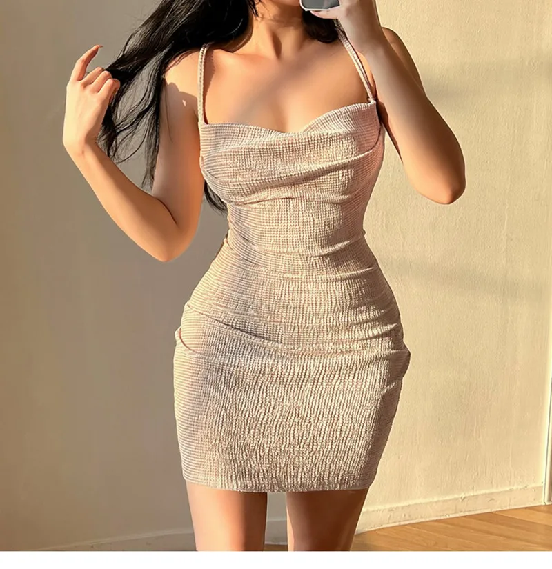 

Y2K Summer Women's Dress 2022 Sleeveless Spaghetti Strap Sexy Bodycon Backless Plain Elegant Party Clubnight Female Mini Dresses