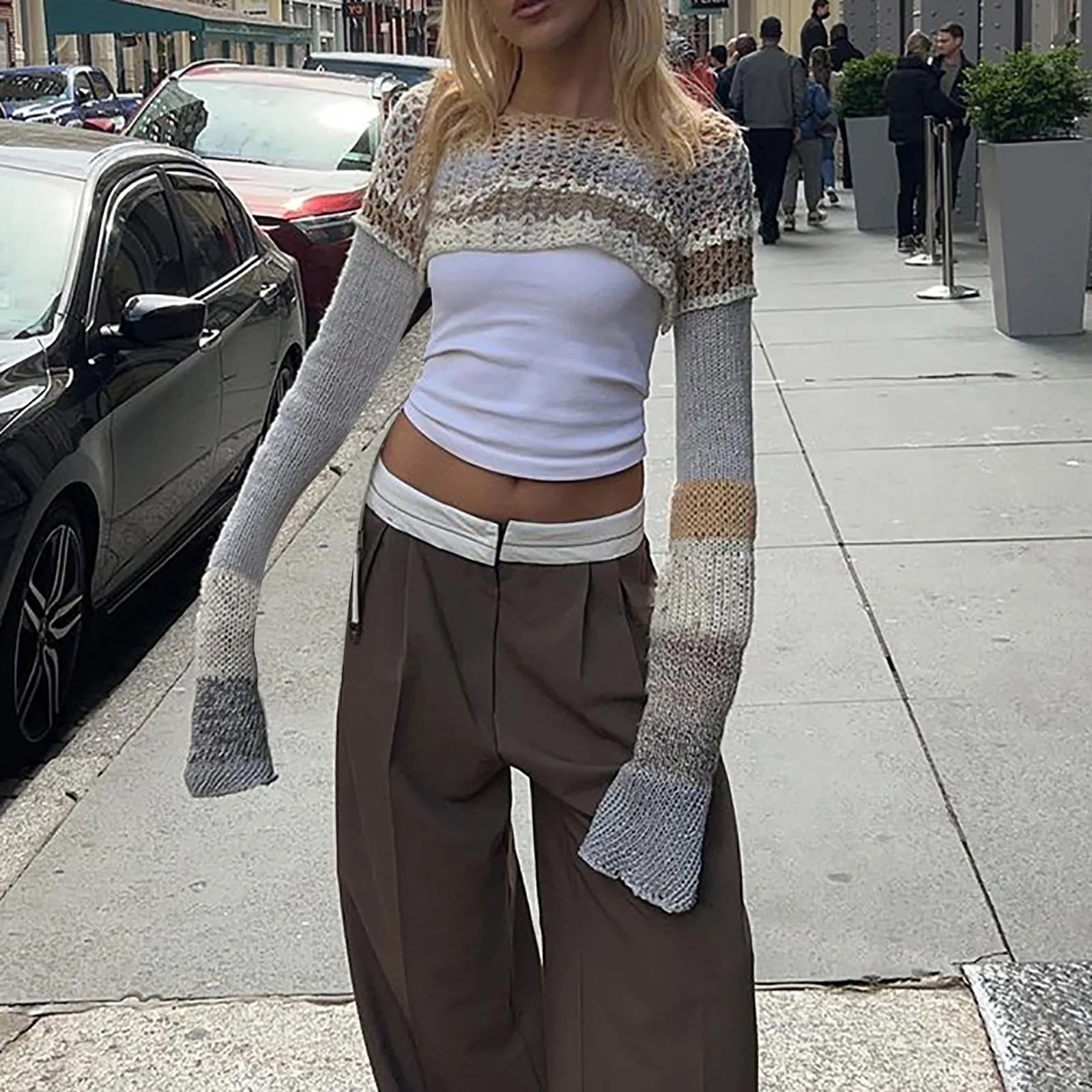 

Women's Crochet Knit Crop Top Pullover Sweater Long Sleeve Hollow Out Square Neck Shirt Summer Streetwear Sweater Tops for Women