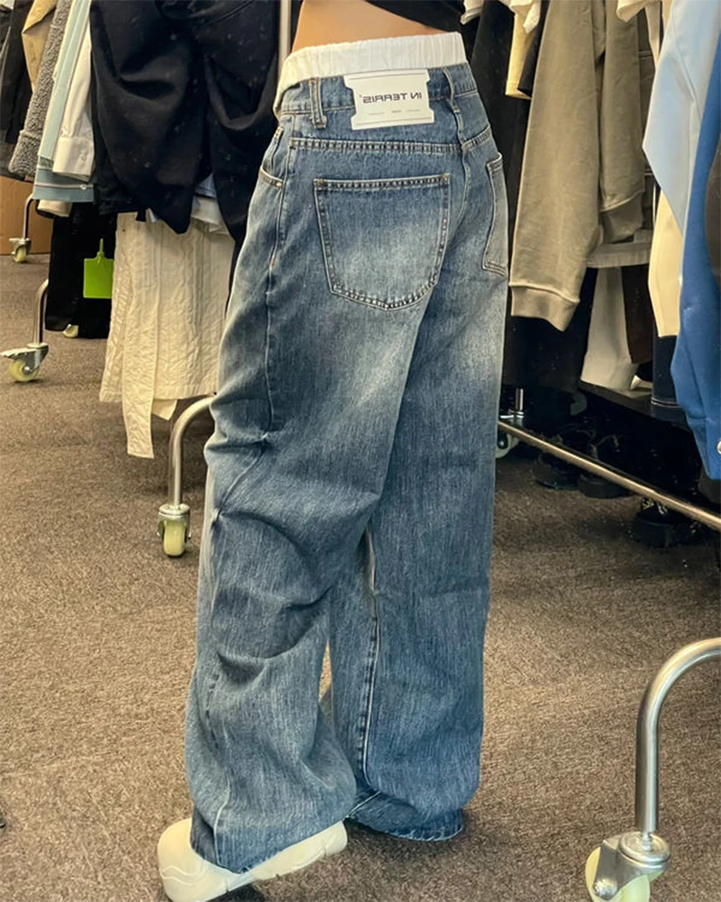 

European and American street feng shui wash double waist wide leg jeans