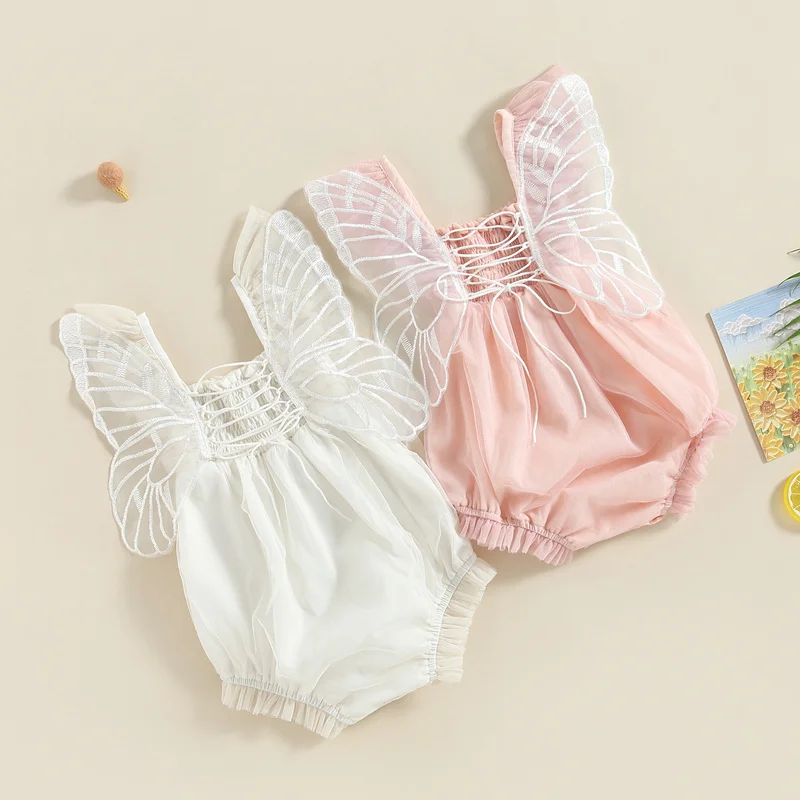 

Baby Girls Romper Sweet Princess Clothes Summer Newborn Fly Sleeve Embroidery Butterfly Pleated Lacing Bodysuits