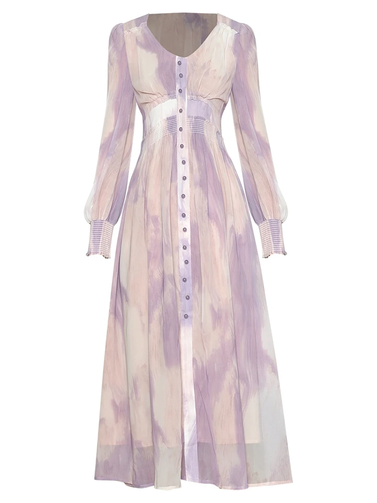 

Женское шифоновое платье миди, дизайнерское элегантное винтажное платье с длинным рукавом и V-образным вырезом, весна-лето 2022