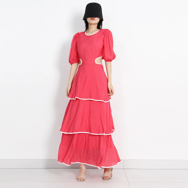 

Round collar bubble sleeve waist hollow out design dress ruffle dresses women vestido feminino