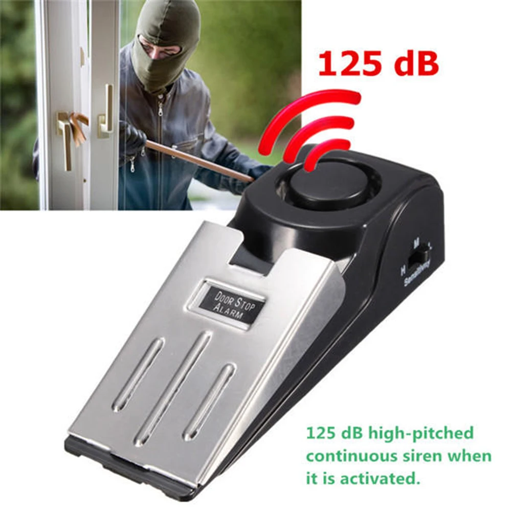 

125DB Wireless Door Stop Alarm Stainless Steel Wedge-shaped Door Stopper Alarm Blocking Home Security Anti Theft Alert System