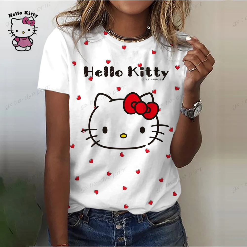 

Футболка женская с принтом Hello Kitty, простая повседневная рубашка с круглым вырезом и коротким рукавом, Классическая уличная одежда, лето