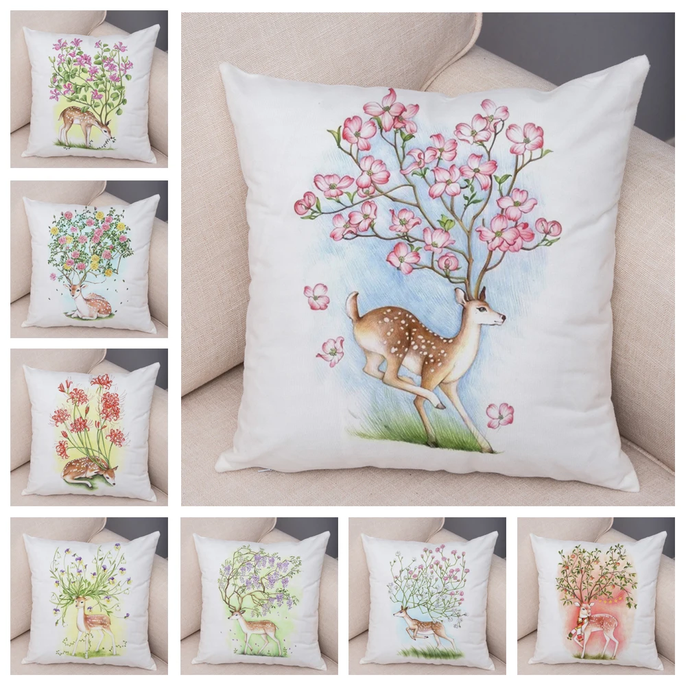 

Cartoon Floral Deer Cushion Cover Decorative Flower Animal Pillowcase Sofa Home Children's Room Pillowcase
