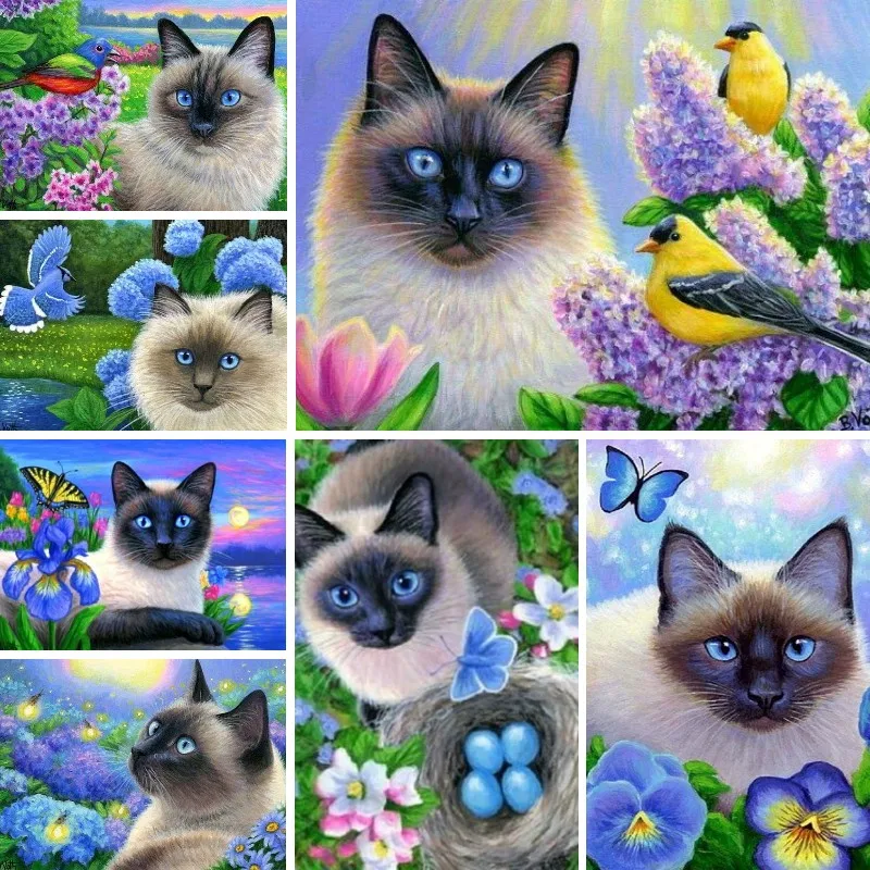 

5D алмазная живопись «сделай сам», полностью круглая сиамская кошка, Бабочка, цветок Радужки, алмазная вышивка, мозаика, картины, домашний декор