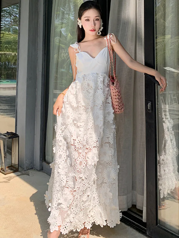 

SMTHMA новое французское сексуальное Белое длинное платье на бретельках, женское летнее пляжное платье для отдыха, тонкое кружевное Открытое платье в стиле пэчворк