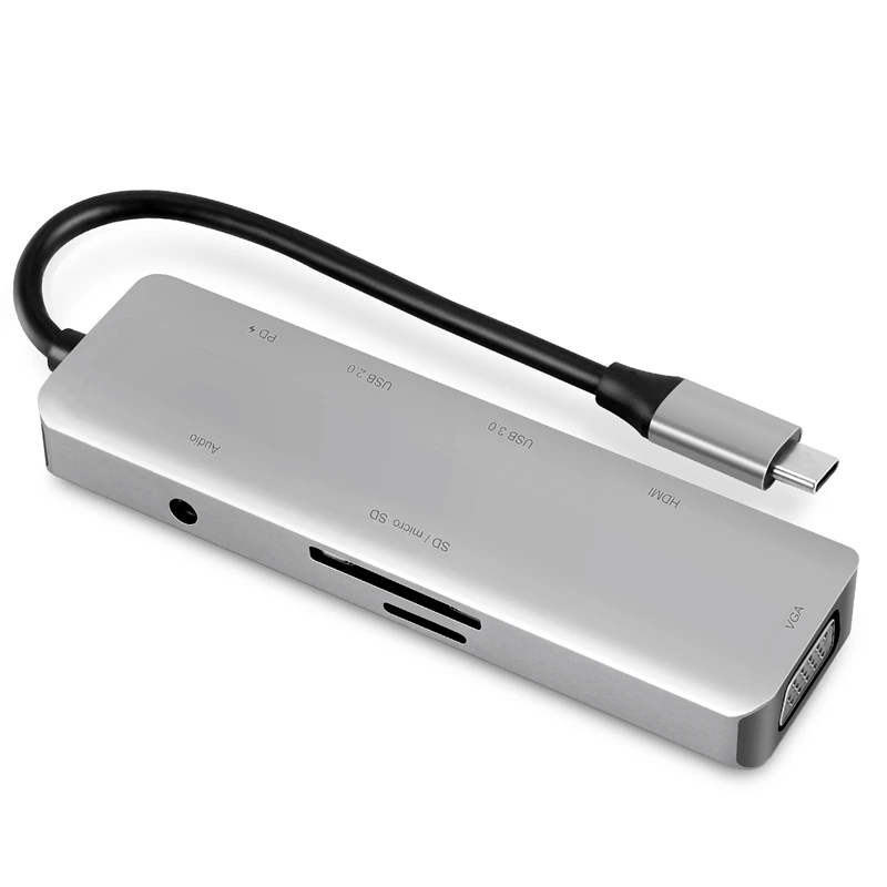 

8 In 1 USB Hub Adapter, Type C To 4Kx2k@30Hz HDMI-Compatible VGA USB 3.0 Docking Station SD/TF Card Reader, TS08