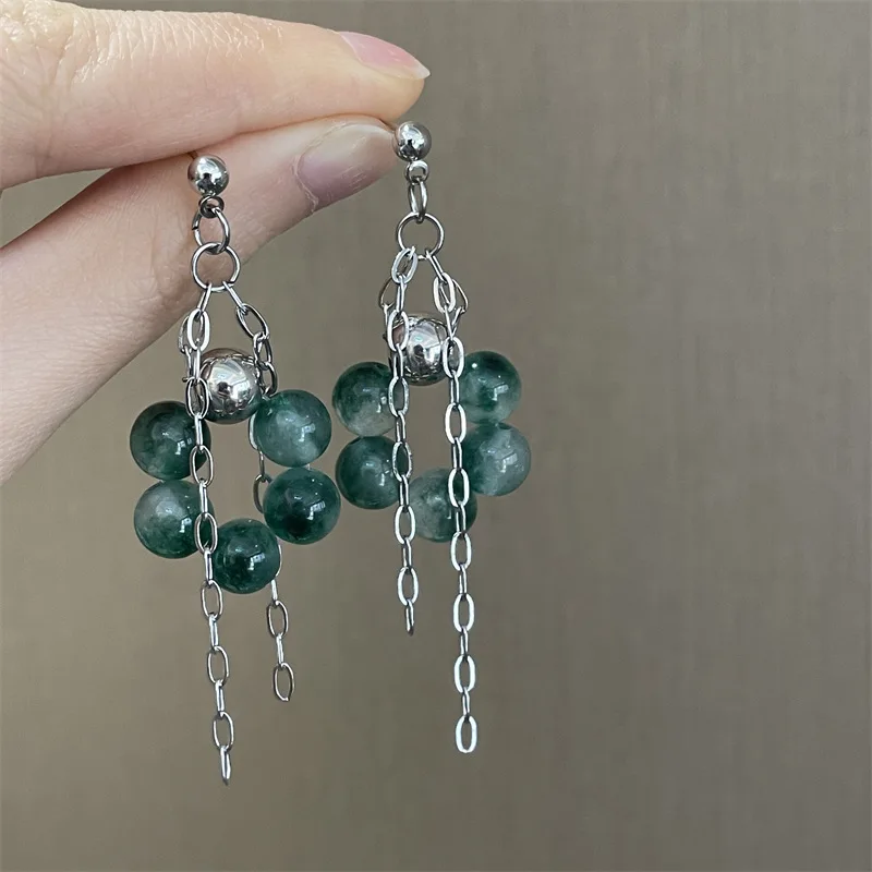 

2022 New Vintage Jewelry Green Natural Stone Circle Tassel Earrings For Women Fashion Temperament Pendientes Mujer