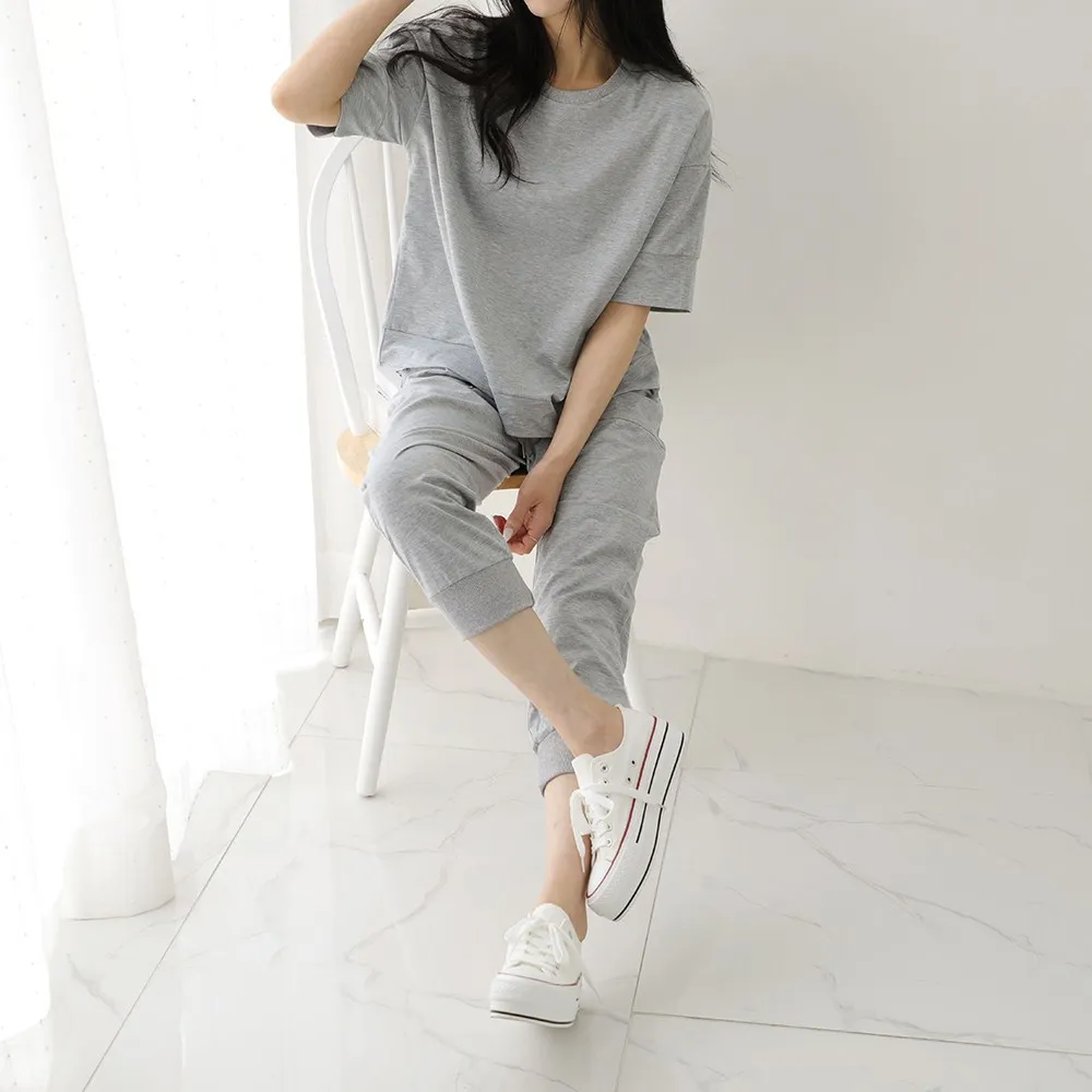 

봄 여름 7부 소매 맨투맨 티셔츠 시보리 밴딩 조거 팬츠 트레이닝복 세트