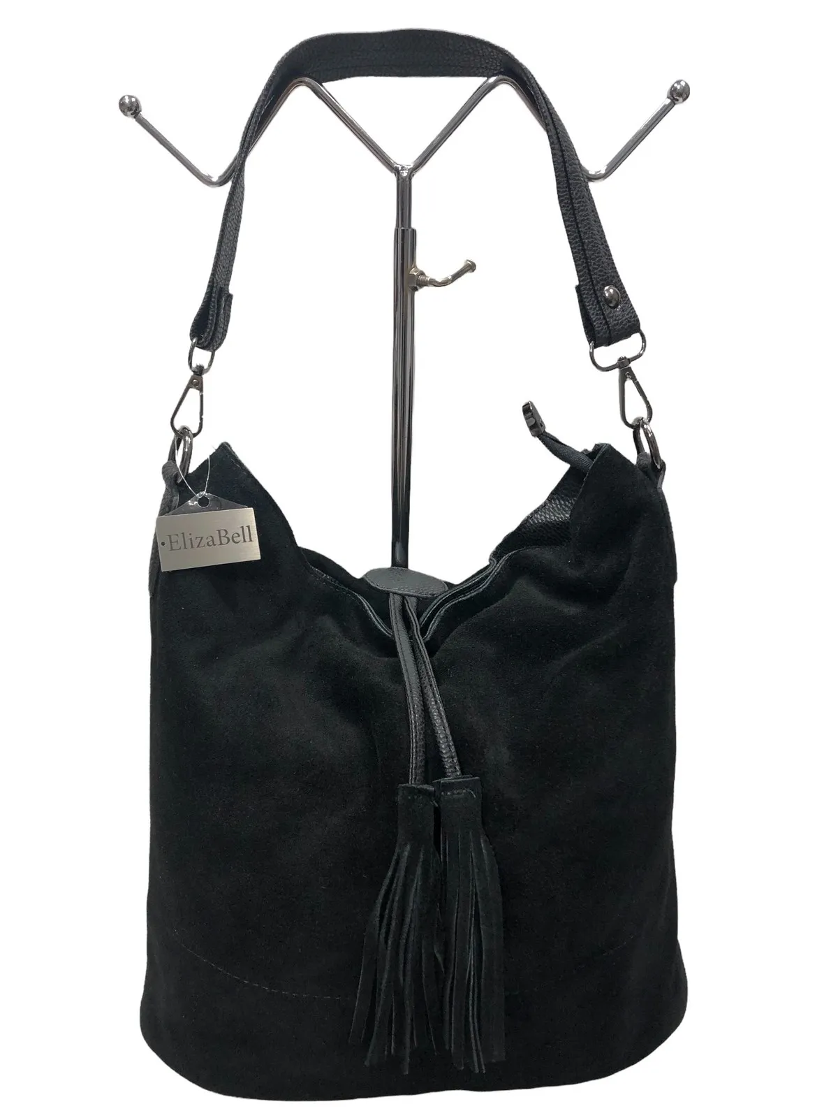 

Black genuine leather suede shoulder bag with long cross strap
