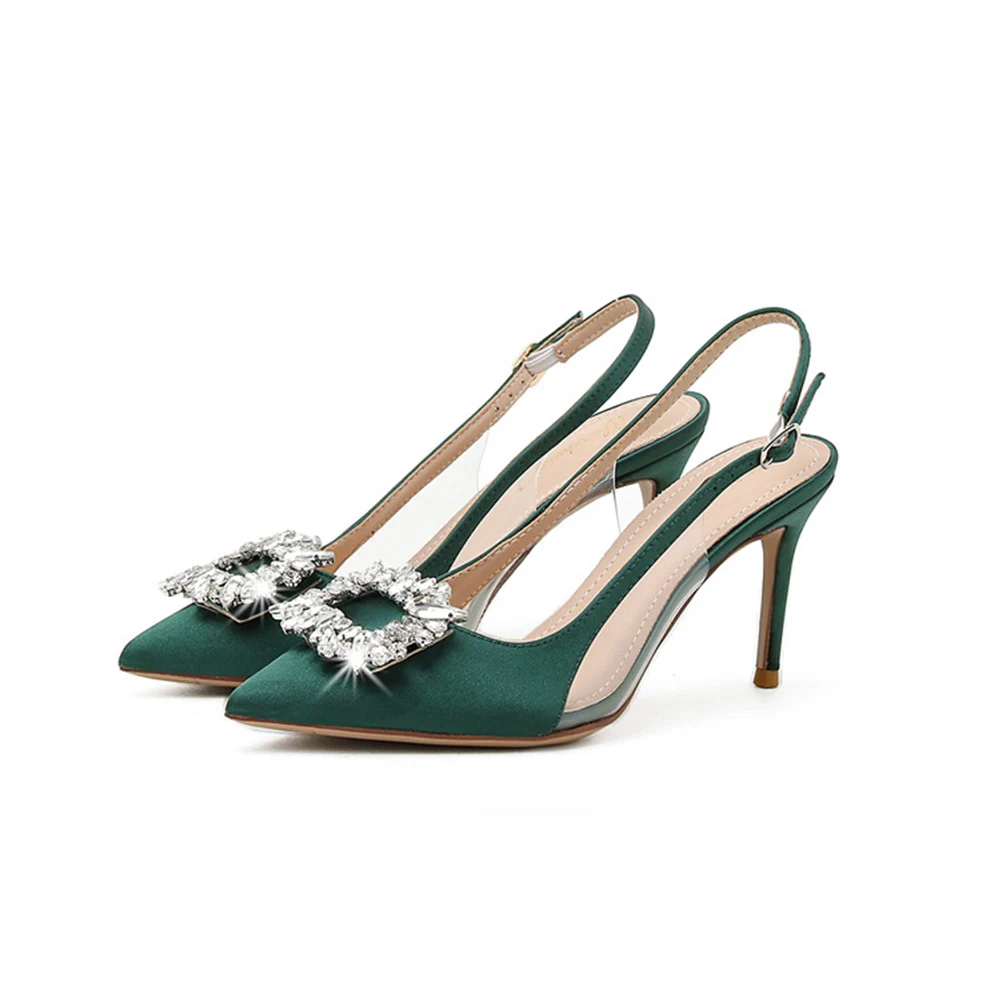 

2022 Women High Heels Wedding 6/8/10 Cm New Fashion Sandals Satin Pointed Toe With Rhinestone High Heels Ankle Wrap Green