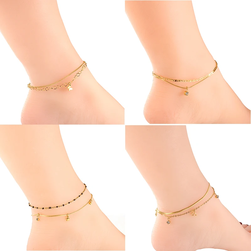 

ASON Double Layers Anklet White Shell Butterfly Charm Anklets On Leg For Women Beach Accessories Stainless Steel Jewelry
