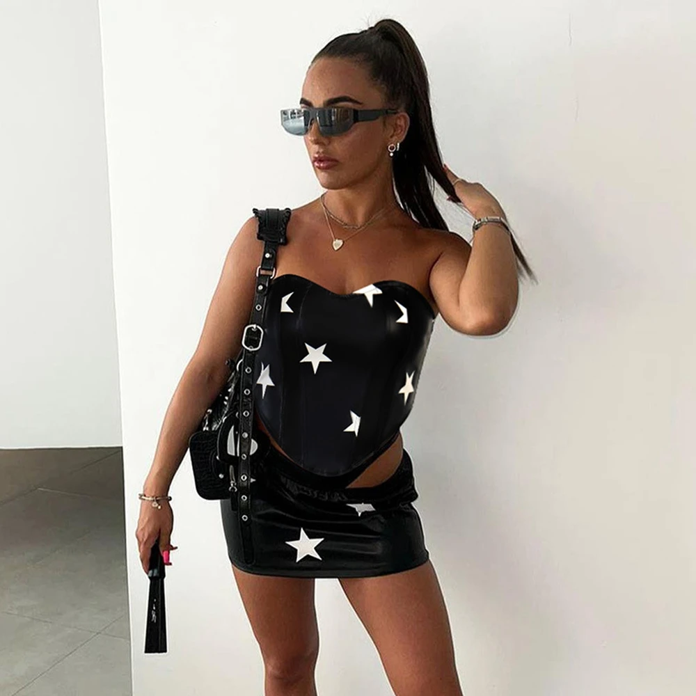 Осенний Новый кожаный Топ без бретелек с принтом звезд Женский облегающий