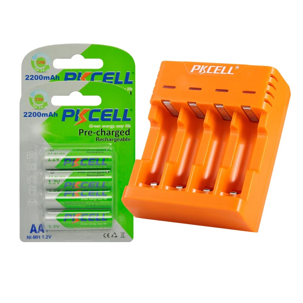 

8Pcs/2Pack PKCELL 2200mAh NIMH 1.2V AA Rechargeable Battery For camera with NIMH/NICD 4-solt Battery-charger for AA/AAA